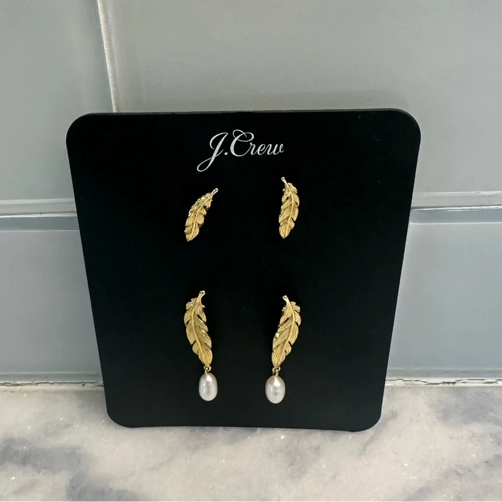 J. Crew Classic Preppy Gold Feather Earrings with Pearl Accent - Picture 2 of 5